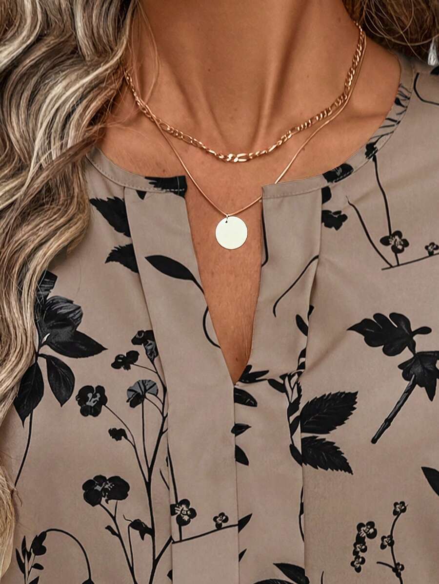 Nell Long Sleeve Blouse with Split V Neck and Lantern Sleeves - Taupe Floral