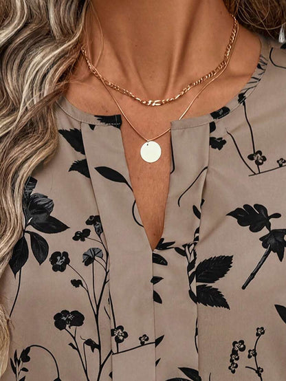 Nell Long Sleeve Blouse with Split V Neck and Lantern Sleeves - Taupe Floral
