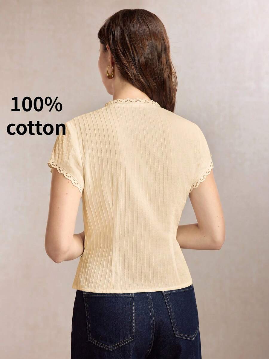Mirabel Lace Trim Frog Button Short Sleeve Cotton Blouse - Butter Yellow