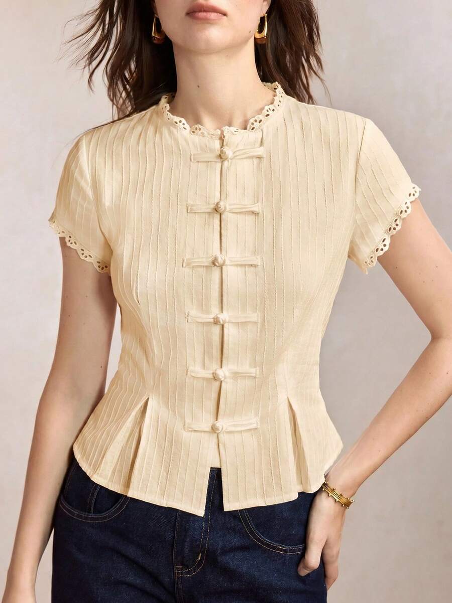 Mirabel Lace Trim Frog Button Short Sleeve Cotton Blouse - Butter Yellow