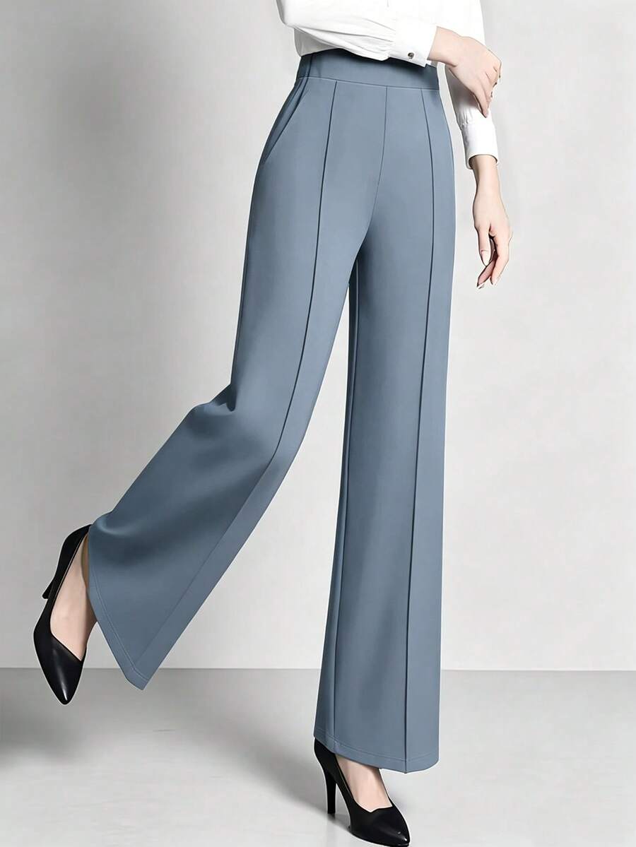 Estella Pressed Seam Straight Leg Knit Trousers - Dusty Blue