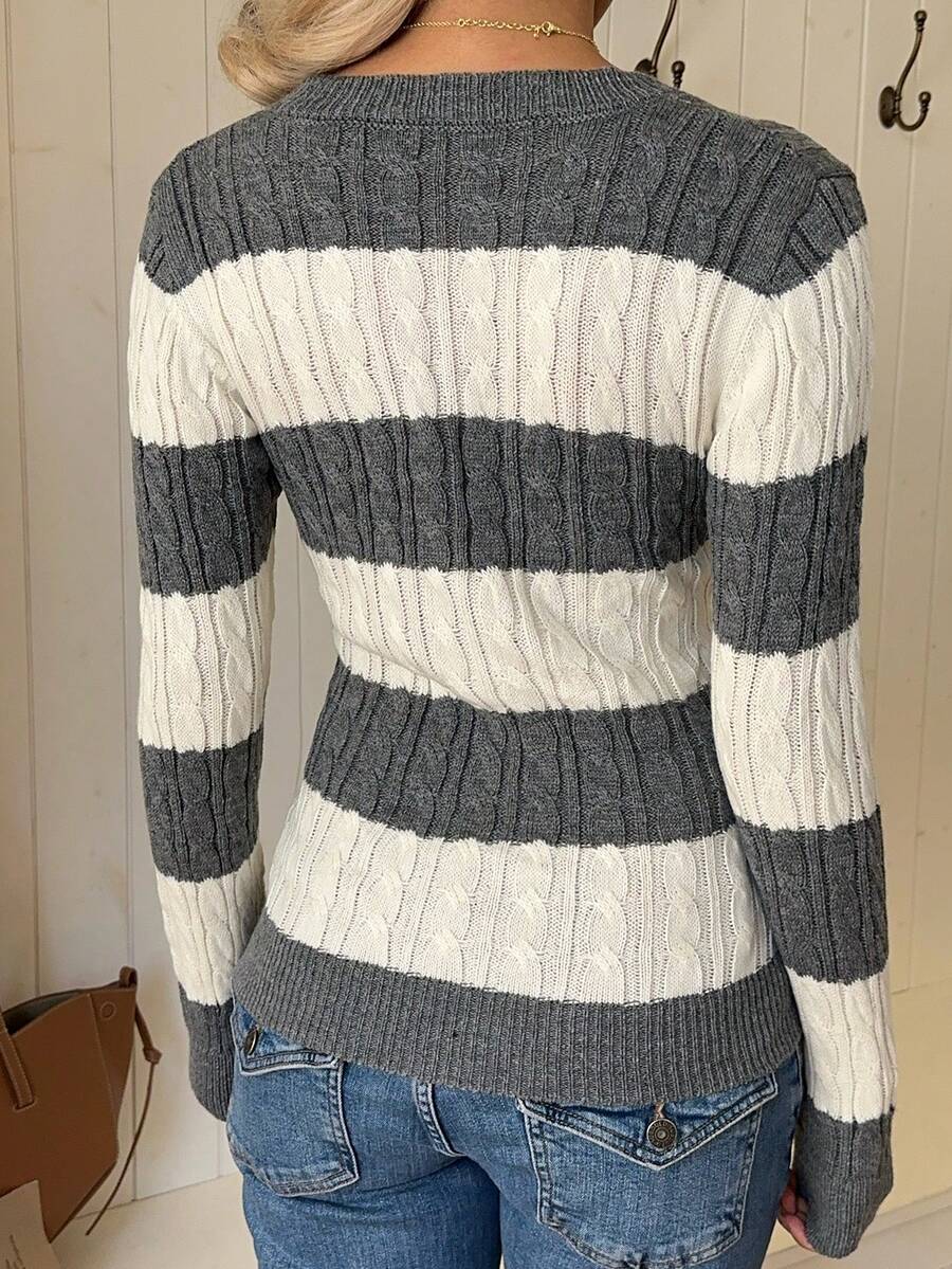 Saskia Slim V Neck Twist Cable Knit Sweater with Contrast Trim - Grey Stripe
