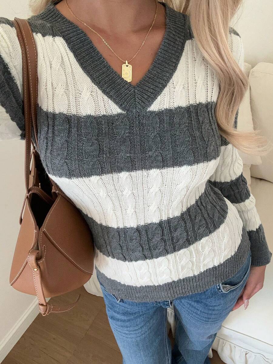 Saskia Slim V Neck Twist Cable Knit Sweater with Contrast Trim - Grey Stripe