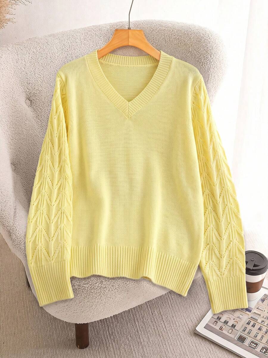 Henrietta Classic V-Neck Long Sleeve Knit Pullover Sweater - Pale Yellow