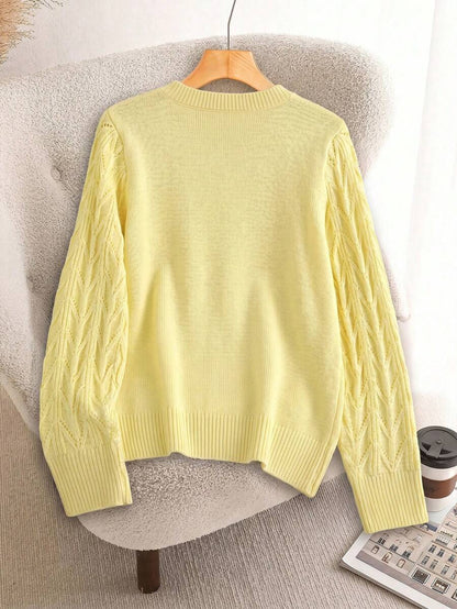 Henrietta Classic V-Neck Long Sleeve Knit Pullover Sweater - Pale Yellow
