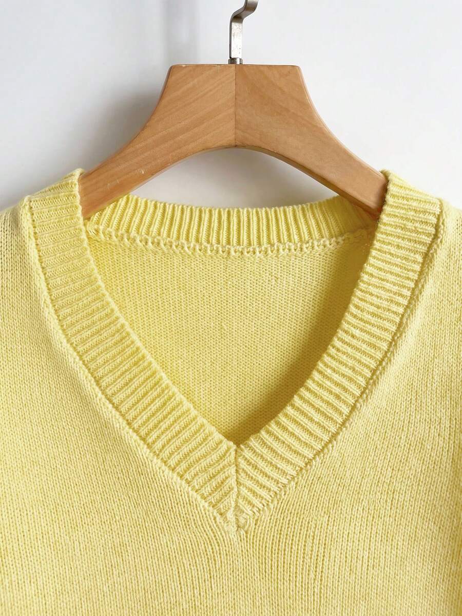 Henrietta Classic V-Neck Long Sleeve Knit Pullover Sweater - Pale Yellow
