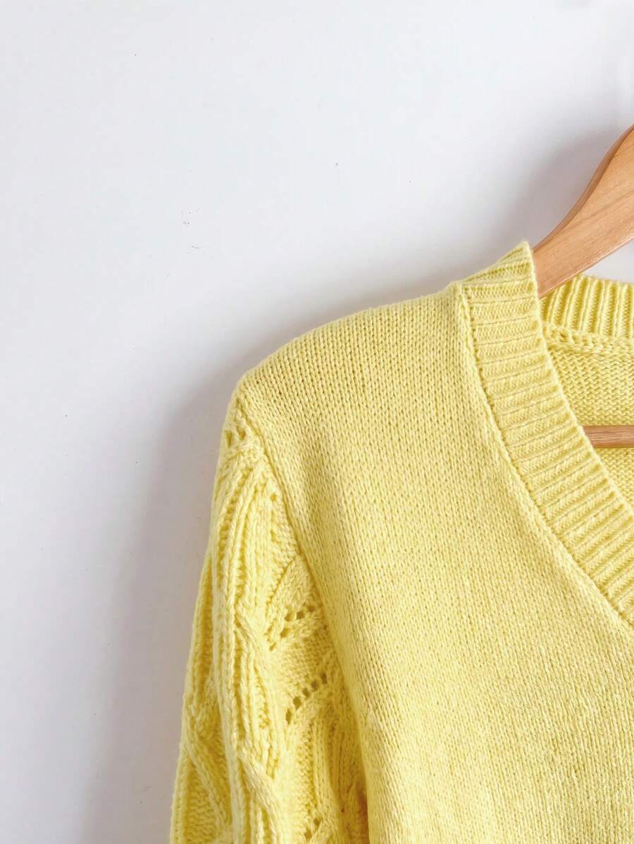 Henrietta Classic V-Neck Long Sleeve Knit Pullover Sweater - Pale Yellow