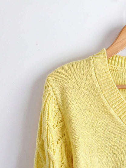 Henrietta Classic V-Neck Long Sleeve Knit Pullover Sweater - Pale Yellow