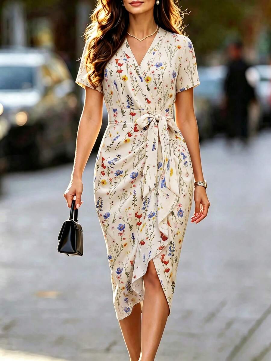 Women's Satin Wrap V-Neck Midi Dress, Silky Dress for Wedding Guest and Evening - Burgundy