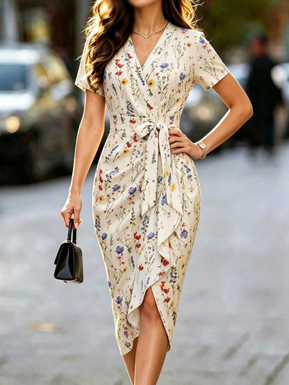 Women's Satin Wrap V-Neck Midi Dress, Silky Dress for Wedding Guest and Evening - Burgundy