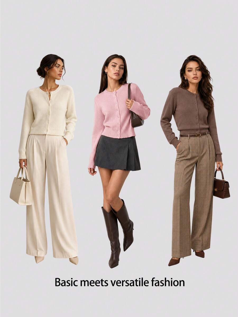 Elowen Round Neck Cropped Cardigan - Beige