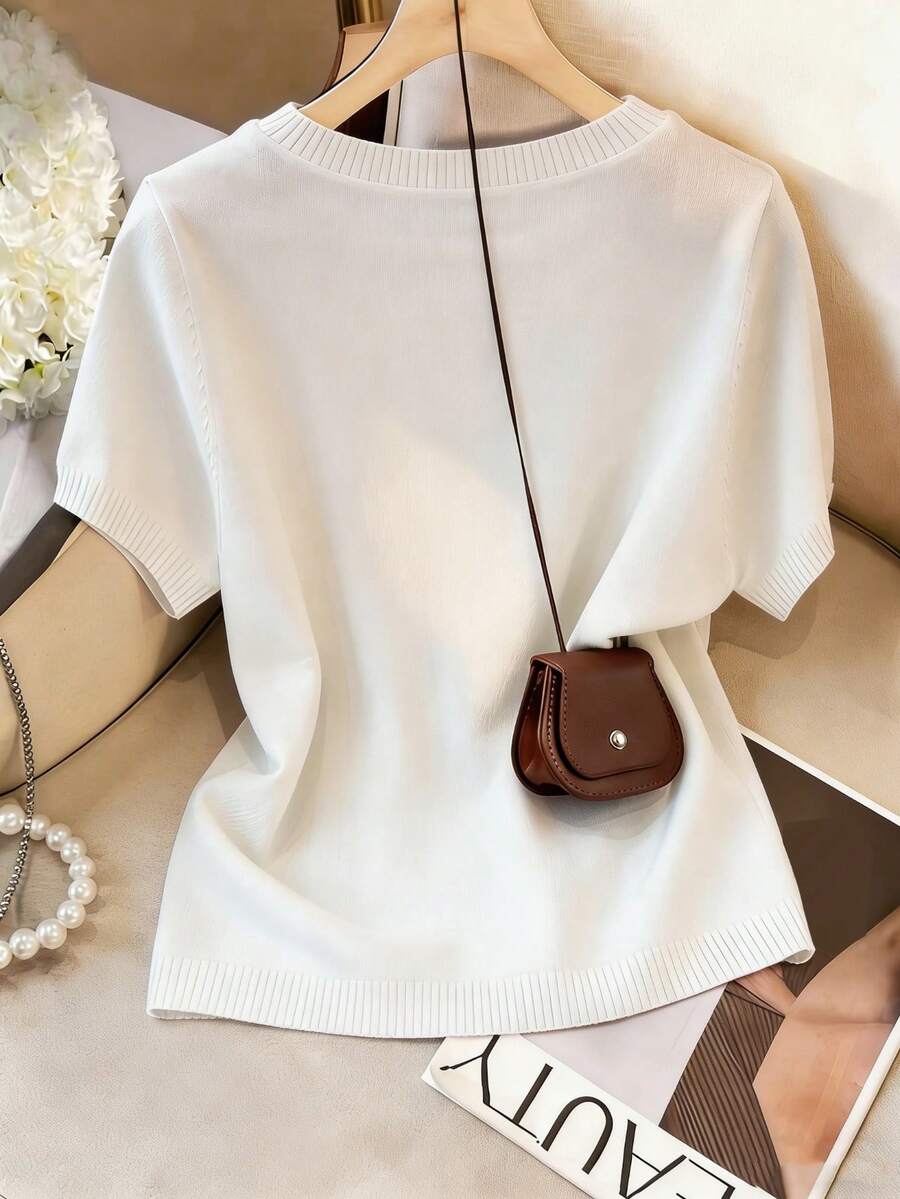 Women's Fine Knit Short Sleeve Top, Crew Neck Sweater Tee for Work and Layering - Baby Blue