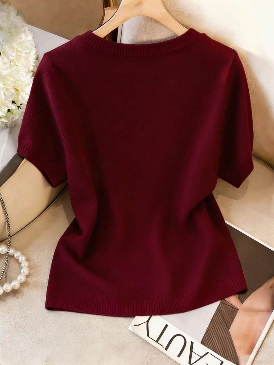 Women's Fine Knit Short Sleeve Top, Crew Neck Sweater Tee for Work and Layering - Green