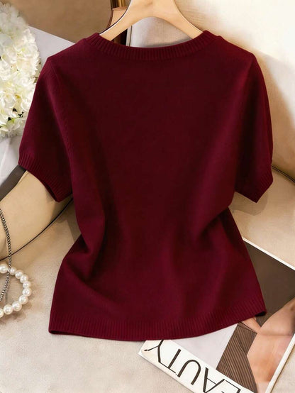 Women's Fine Knit Short Sleeve Top, Crew Neck Sweater Tee for Work and Layering - Green