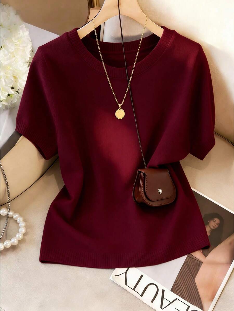 Women's Fine Knit Short Sleeve Top, Crew Neck Sweater Tee for Work and Layering - Burgundy Red