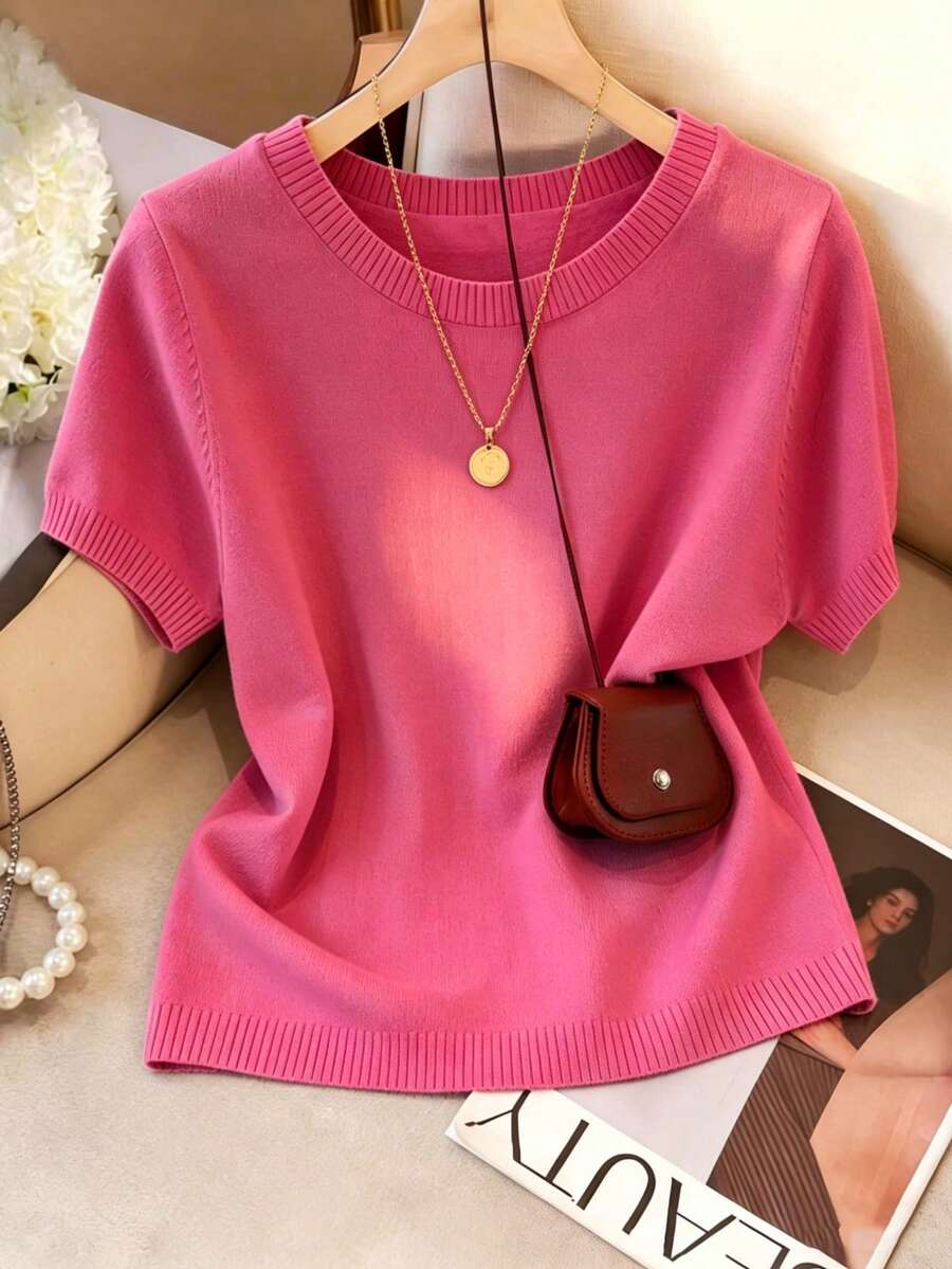 Women's Fine Knit Short Sleeve Top, Crew Neck Sweater Tee for Work and Layering - Burgundy Red
