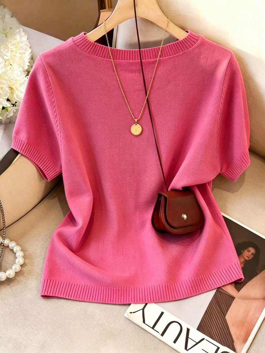 Women's Fine Knit Short Sleeve Top, Crew Neck Sweater Tee for Work and Layering - Rose Red