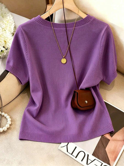 Women's Fine Knit Short Sleeve Top, Crew Neck Sweater Tee for Work and Layering - Grey