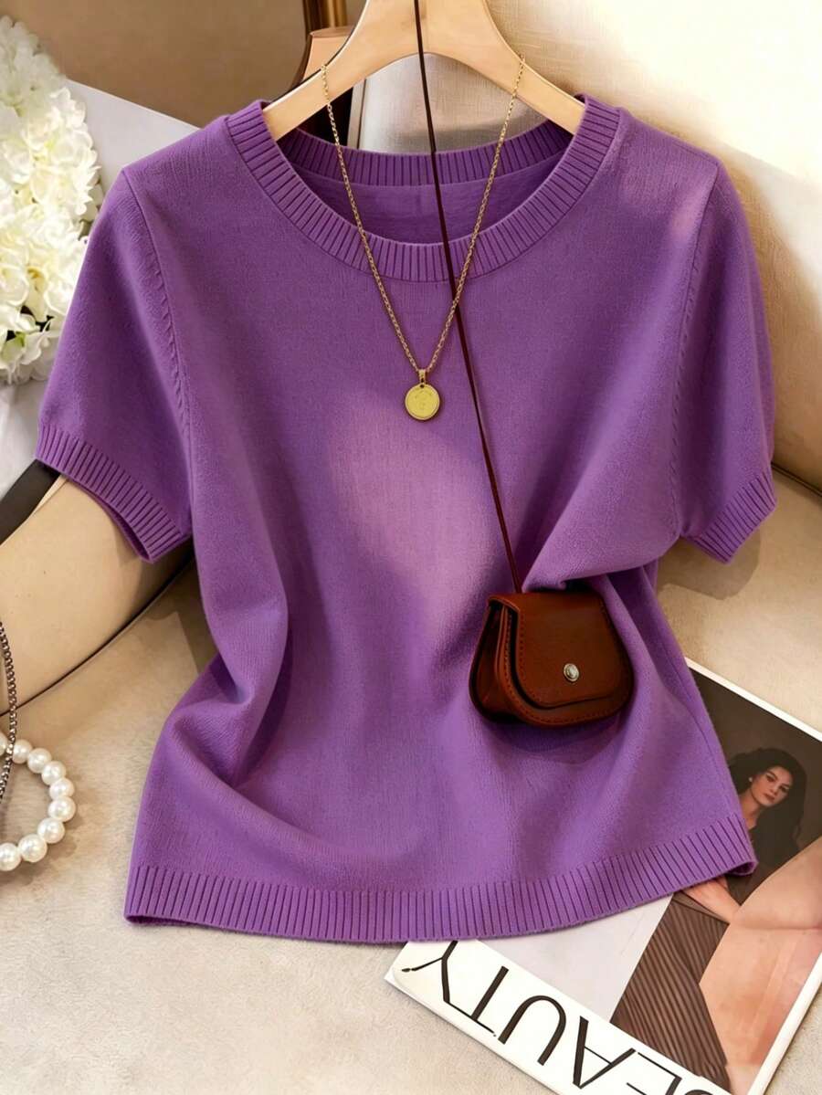 Women's Fine Knit Short Sleeve Top, Crew Neck Sweater Tee for Work and Layering - Purple