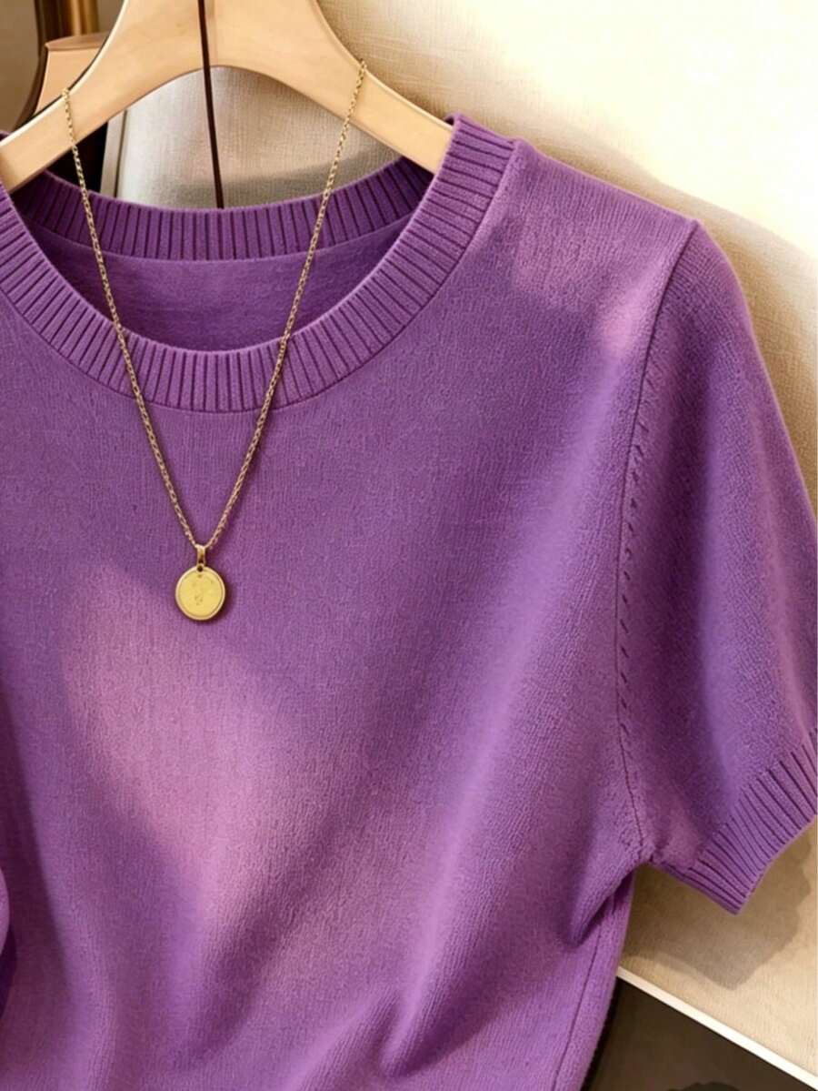 Women's Fine Knit Short Sleeve Top, Crew Neck Sweater Tee for Work and Layering - Grass Green