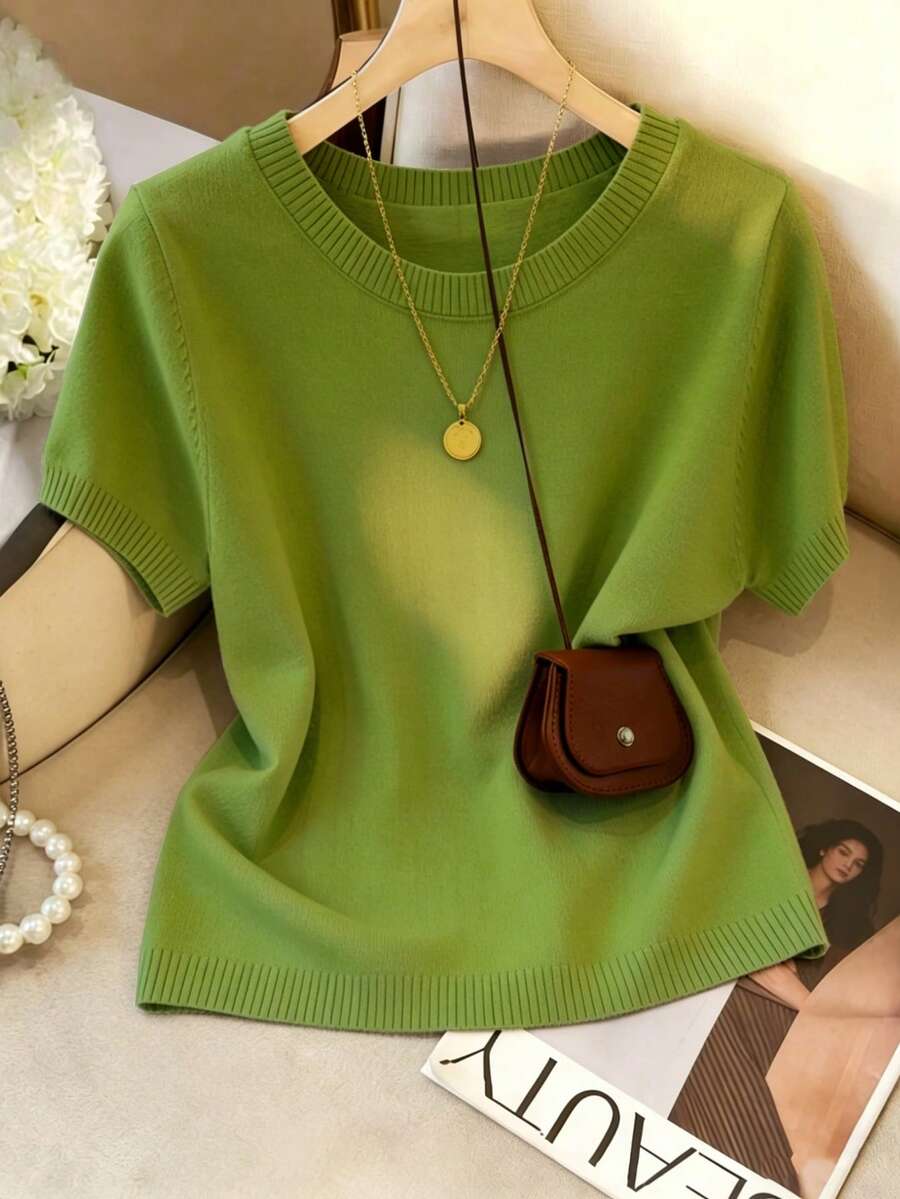 Women's Fine Knit Short Sleeve Top, Crew Neck Sweater Tee for Work and Layering - Green