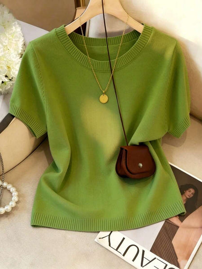 Women's Fine Knit Short Sleeve Top, Crew Neck Sweater Tee for Work and Layering - Green
