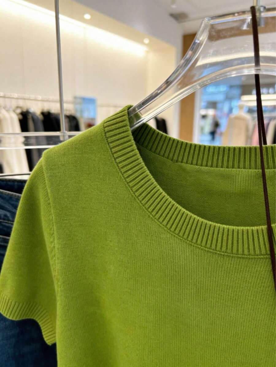 Women's Fine Knit Short Sleeve Top, Crew Neck Sweater Tee for Work and Layering - Baby Blue