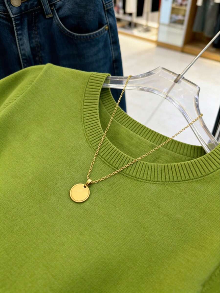 Women's Fine Knit Short Sleeve Top, Crew Neck Sweater Tee for Work and Layering - Yellow