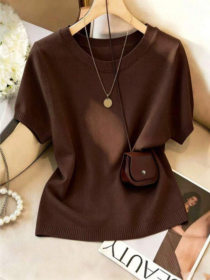 Women's Fine Knit Short Sleeve Top, Crew Neck Sweater Tee for Work and Layering - Coffee Brown
