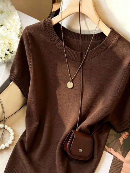Women's Fine Knit Short Sleeve Top, Crew Neck Sweater Tee for Work and Layering - Grass Green