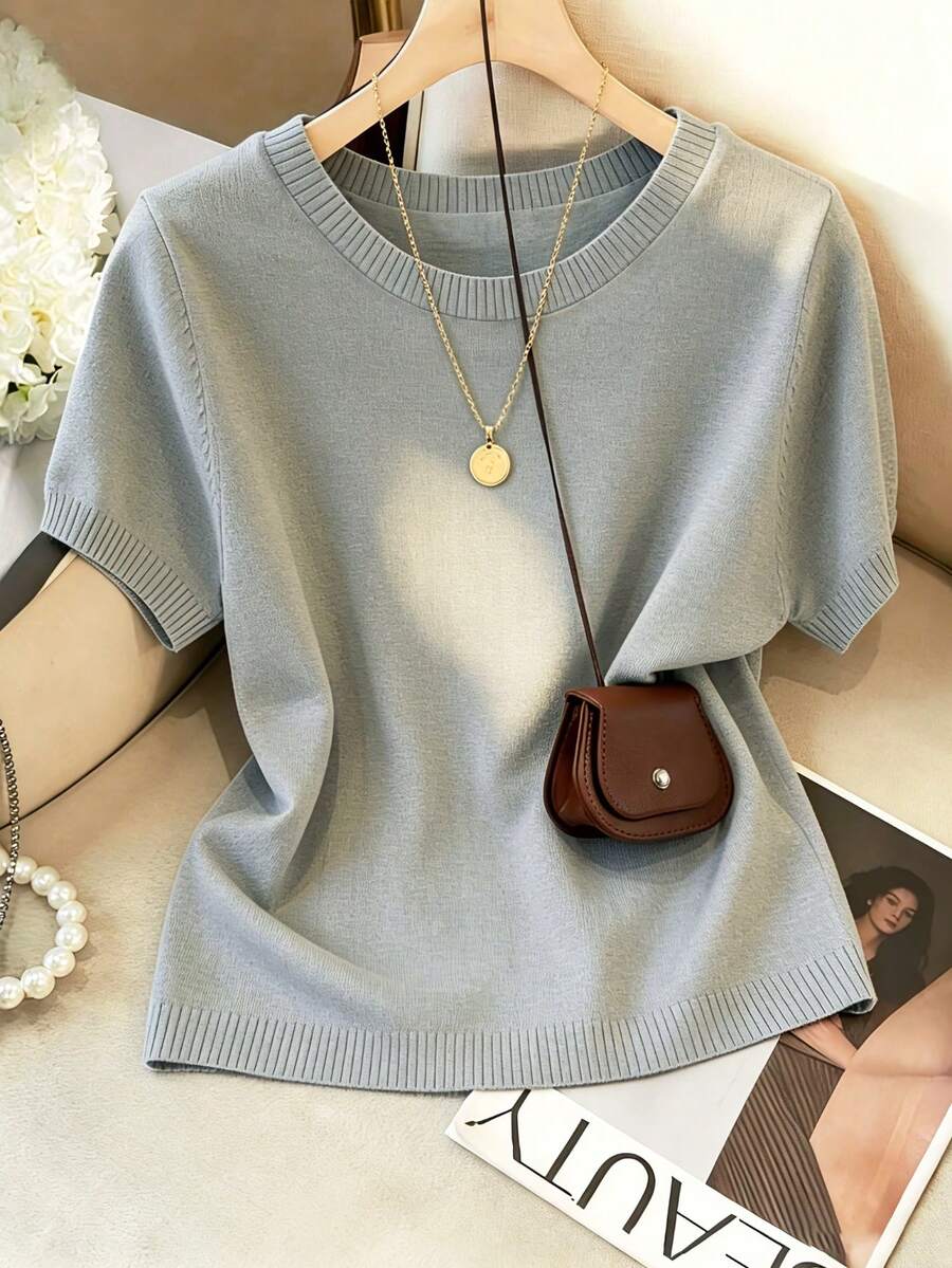 Women's Fine Knit Short Sleeve Top, Crew Neck Sweater Tee for Work and Layering - Grey
