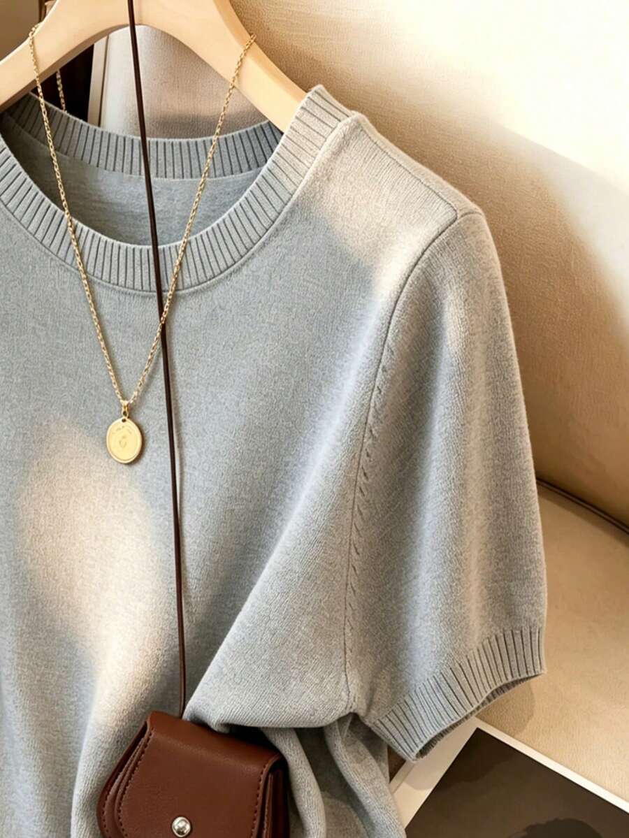 Women's Fine Knit Short Sleeve Top, Crew Neck Sweater Tee for Work and Layering - White