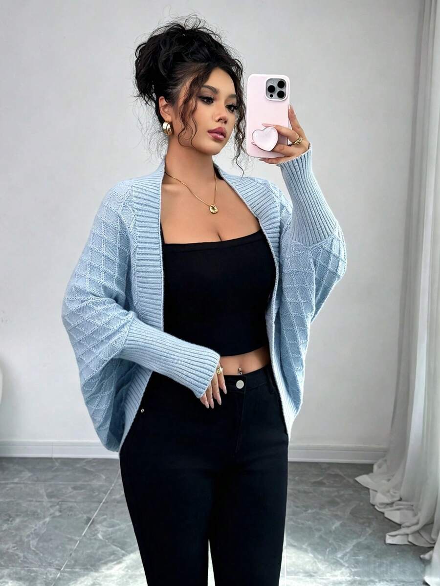 Margaux Diamond Knit Open Front Batwing Sleeve Shrug Cardigan - Light Blue