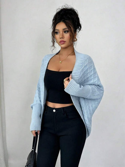 Margaux Diamond Knit Open Front Batwing Sleeve Shrug Cardigan - Light Blue