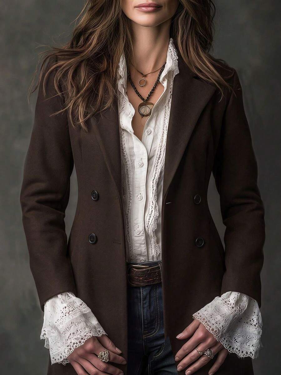 Aveline Double-Breasted Lapel Coat with Tailored Thigh-Length Cut - Coffee Brown