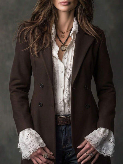 Aveline Double-Breasted Lapel Coat with Tailored Thigh-Length Cut - Coffee Brown