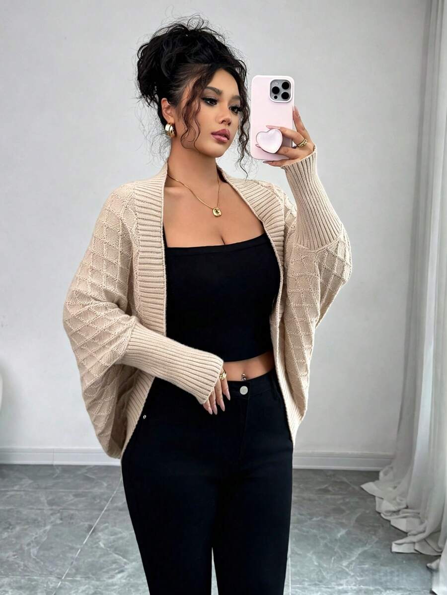 Margaux Diamond Knit Open Front Batwing Sleeve Shrug Cardigan - Cream