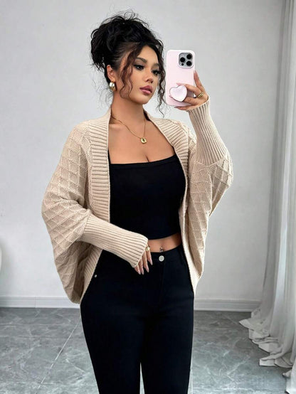 Margaux Diamond Knit Open Front Batwing Sleeve Shrug Cardigan - Cream