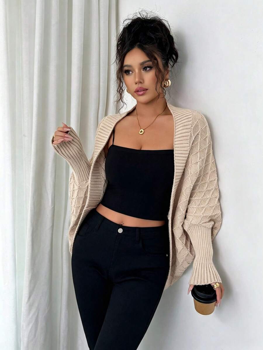 Margaux Diamond Knit Open Front Batwing Sleeve Shrug Cardigan - Cream