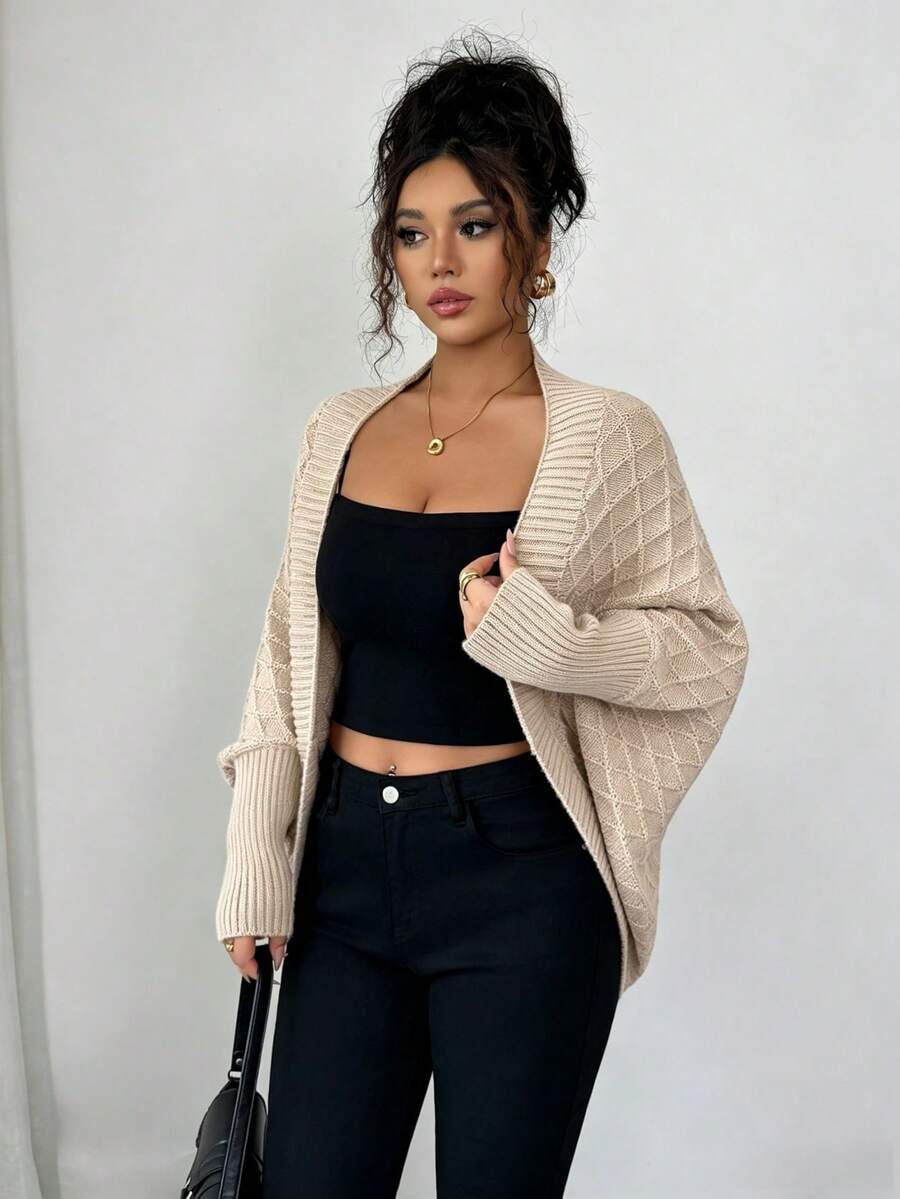 Margaux Diamond Knit Open Front Batwing Sleeve Shrug Cardigan - Cream