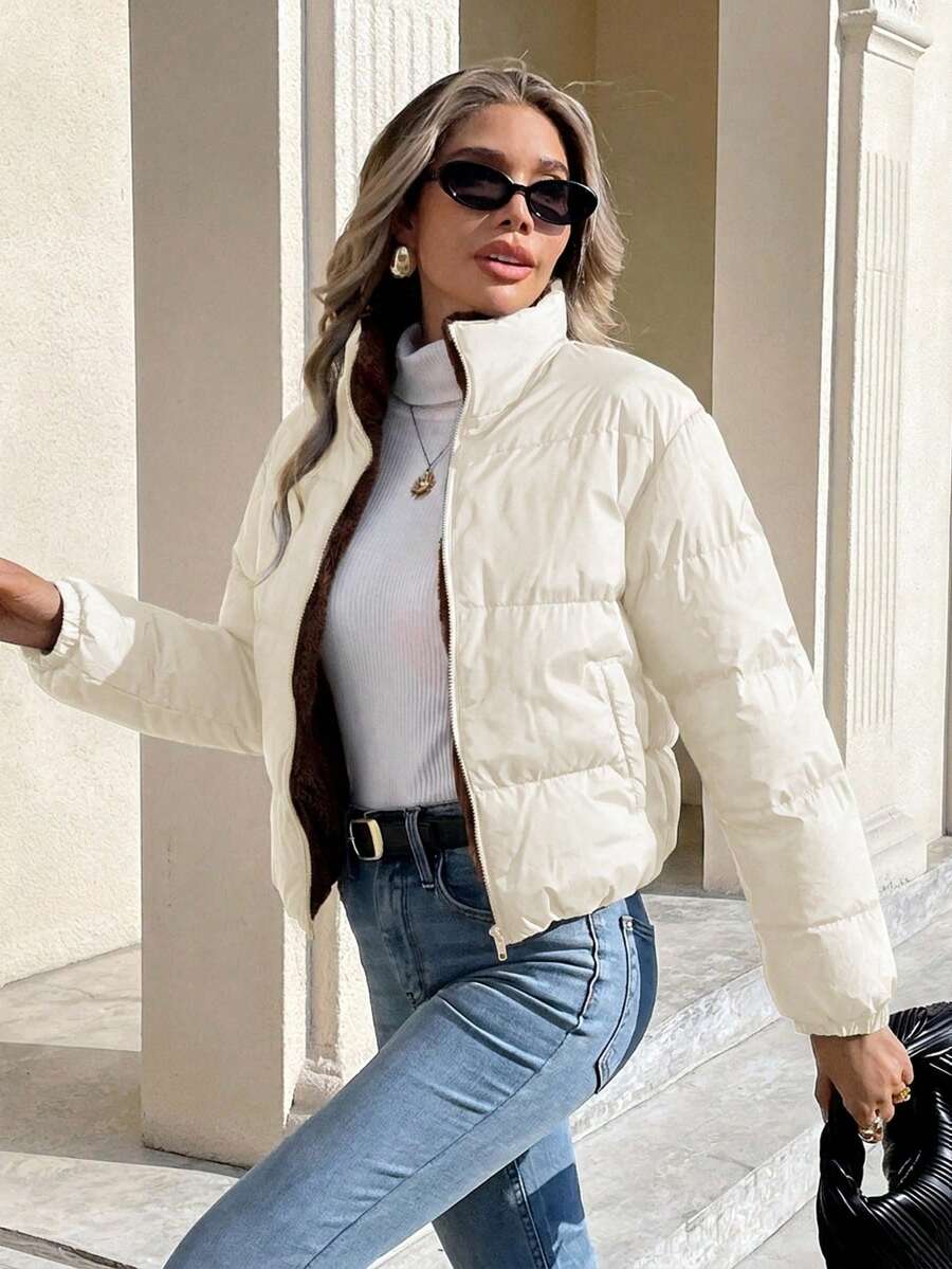 Revelstoke Reversible Cropped Puffer Jacket with Stand Collar - Apricot