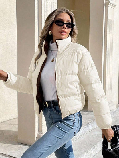 Revelstoke Reversible Cropped Puffer Jacket with Stand Collar - Apricot
