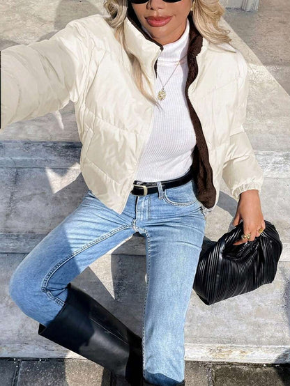Revelstoke Reversible Cropped Puffer Jacket with Stand Collar