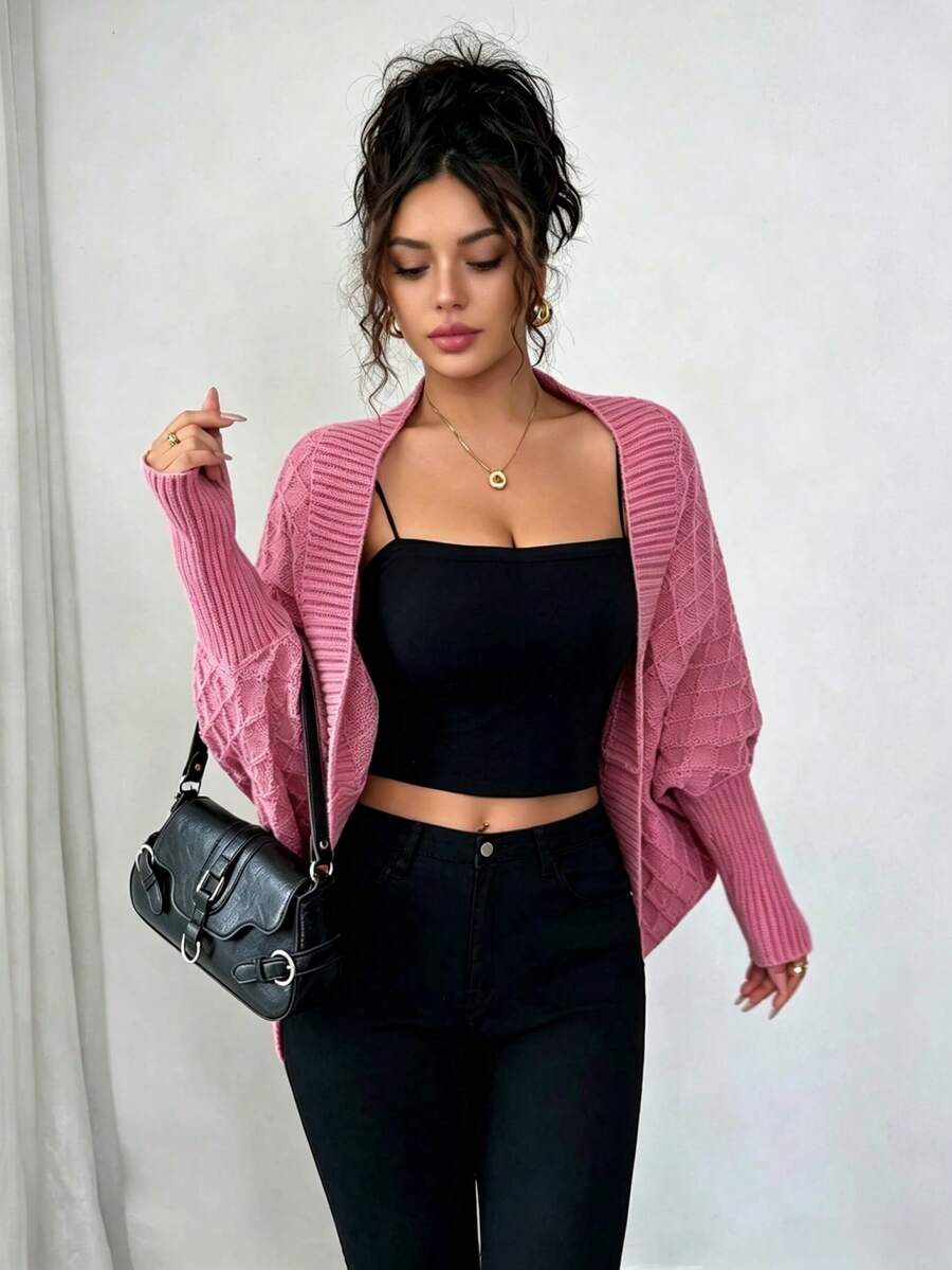 Margaux Diamond Knit Open Front Batwing Sleeve Shrug Cardigan - Rose Pink