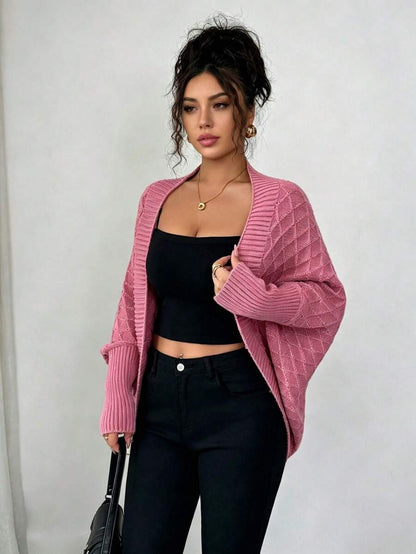 Margaux Diamond Knit Open Front Batwing Sleeve Shrug Cardigan - Rose Pink