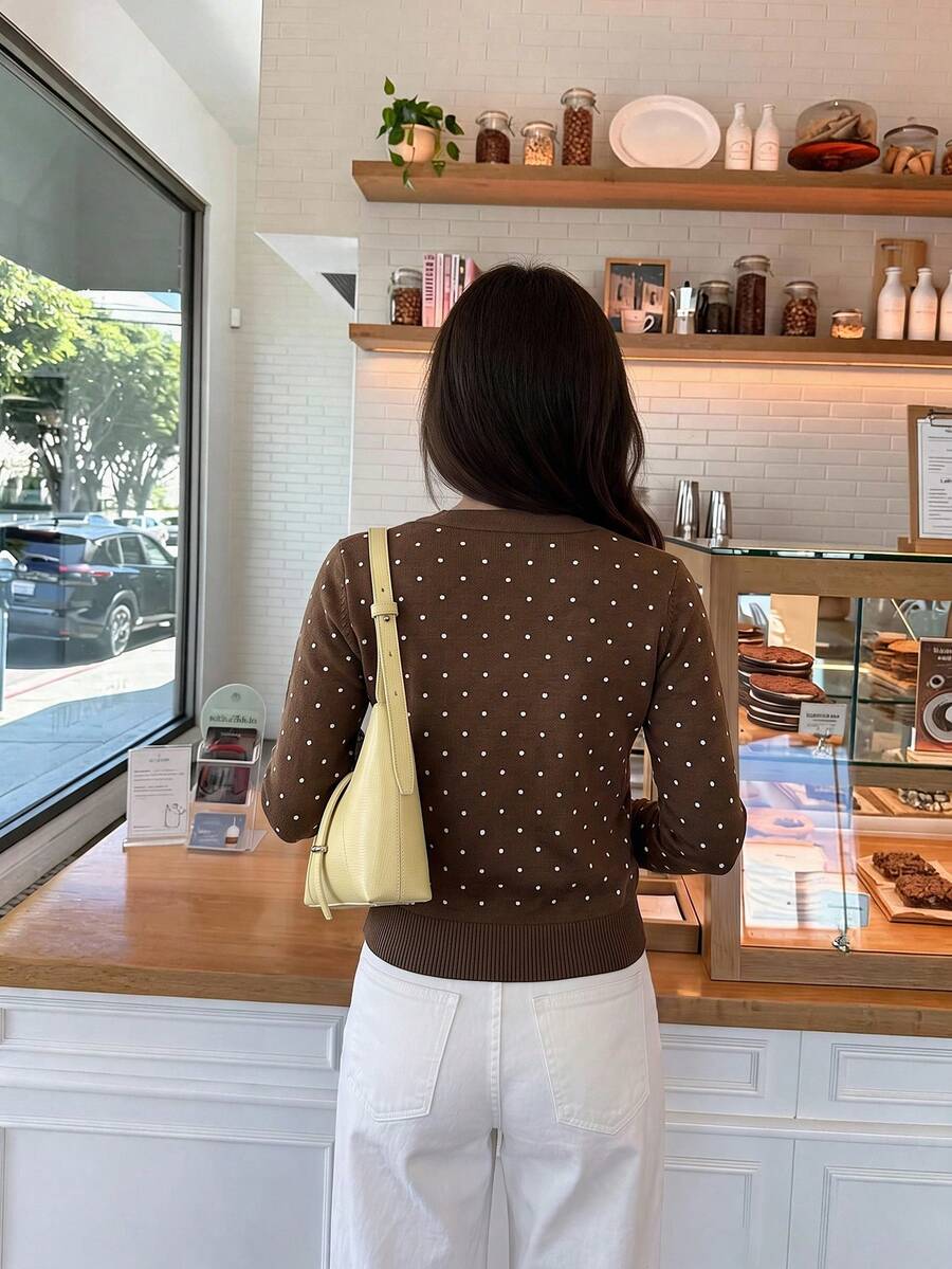 Georgiana Slim Ribbed V-Neck Button Front Knit Cardigan - Brown Pearl Embellished