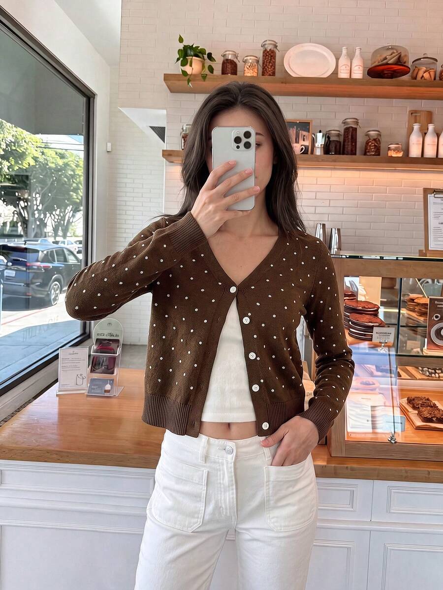 Georgiana Slim Ribbed V-Neck Button Front Knit Cardigan - Brown Pearl Embellished
