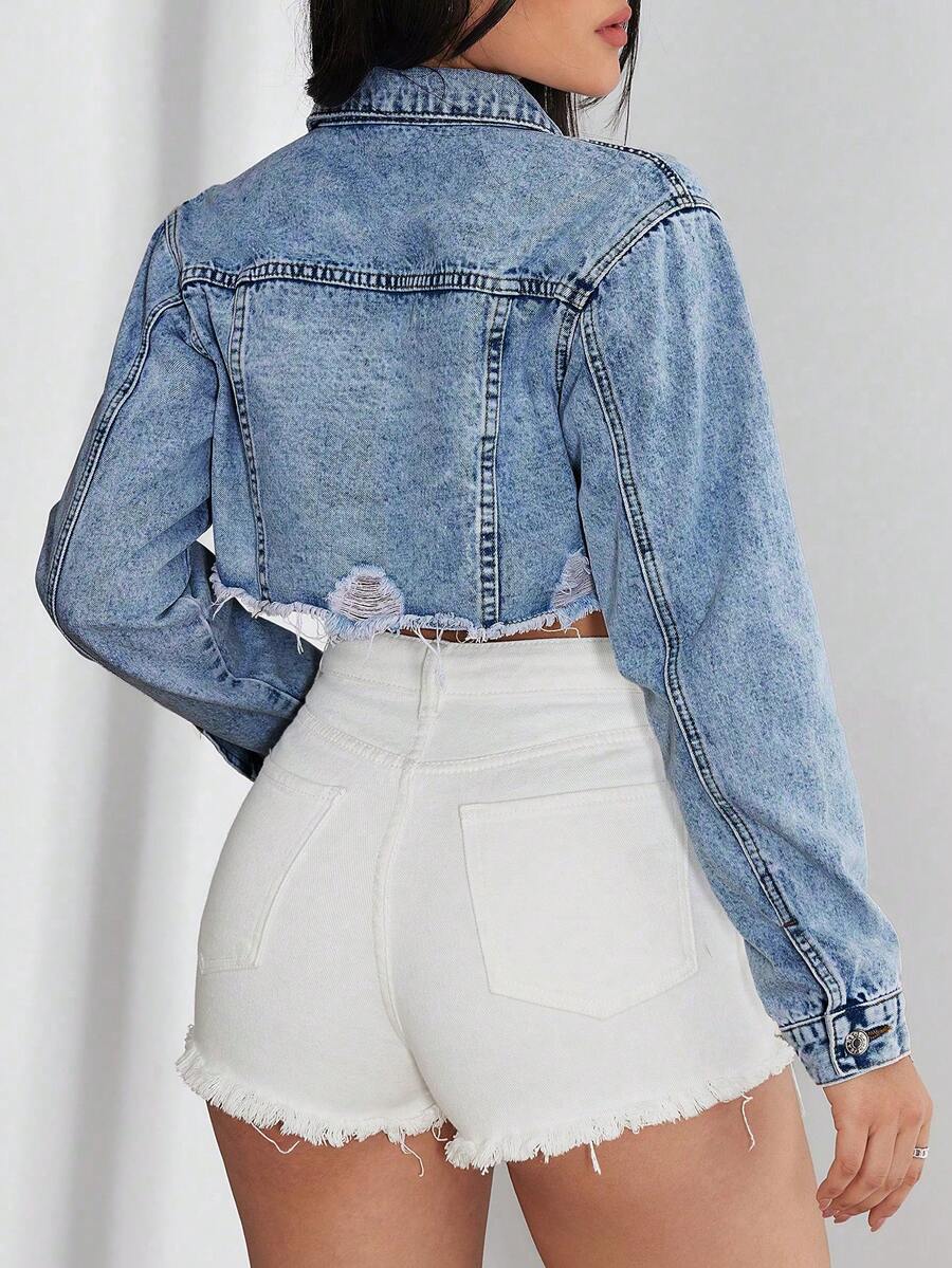 Bridget Frayed Hem Crop Washed Denim Jacket - Black