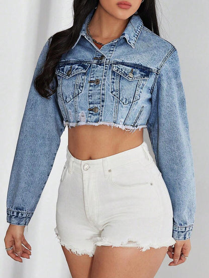 Bridget Frayed Hem Crop Washed Denim Jacket - Light Wash