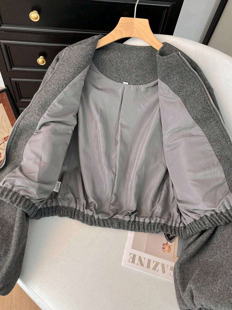 Lillehammer Wool Look Zip Up Cropped Bomber Jacket